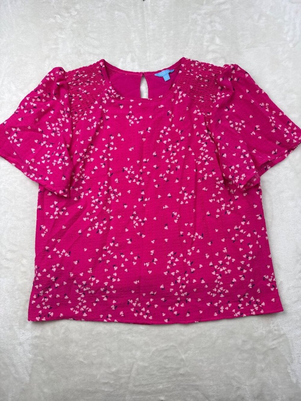 Draper James Womens Pink Floral Smocked Short Sleeve Top Large